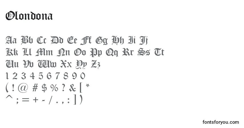 A fonte Olondona – alfabeto, números, caracteres especiais