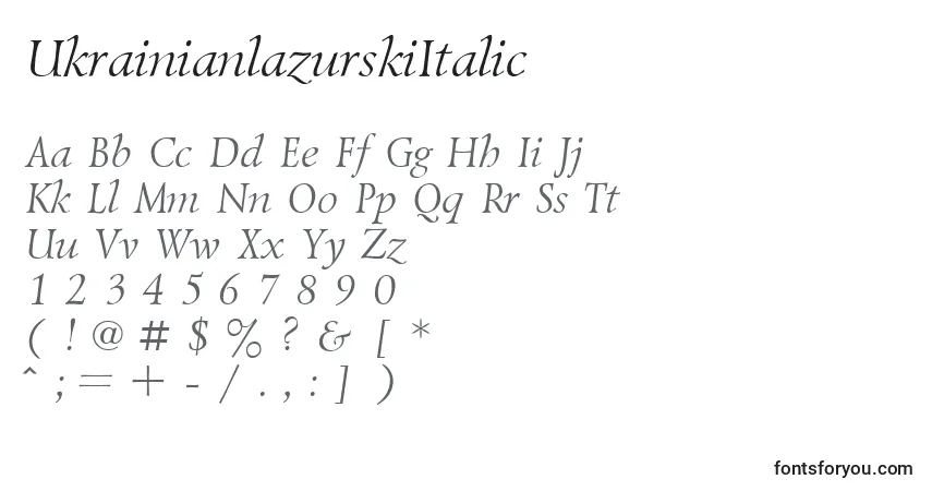 Czcionka UkrainianlazurskiItalic – alfabet, cyfry, specjalne znaki