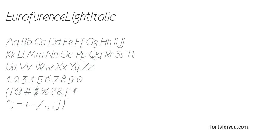 Schriftart EurofurenceLightItalic – Alphabet, Zahlen, spezielle Symbole