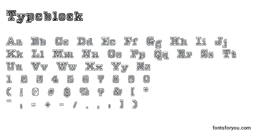 Czcionka Typeblock – alfabet, cyfry, specjalne znaki