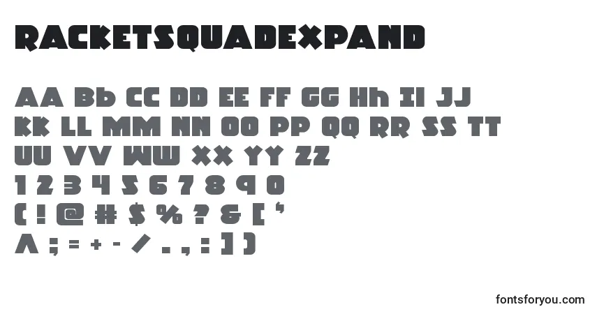 Czcionka Racketsquadexpand – alfabet, cyfry, specjalne znaki
