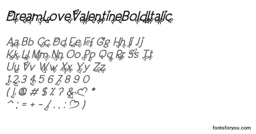 Czcionka DreamLoveValentineBoldItalic – alfabet, cyfry, specjalne znaki