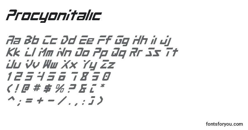 A fonte ProcyonItalic – alfabeto, números, caracteres especiais
