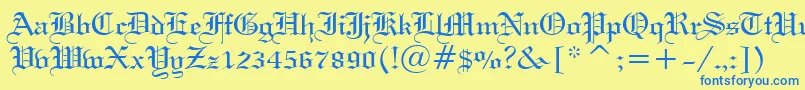 フォントWeddingTextBt – 青い文字が黄色の背景にあります。