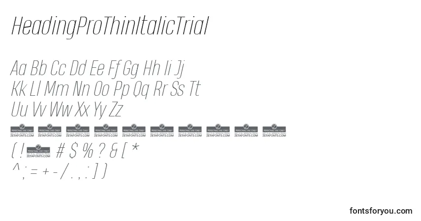 Шрифт HeadingProThinItalicTrial – алфавит, цифры, специальные символы