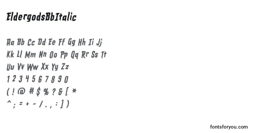 Schriftart EldergodsBbItalic – Alphabet, Zahlen, spezielle Symbole