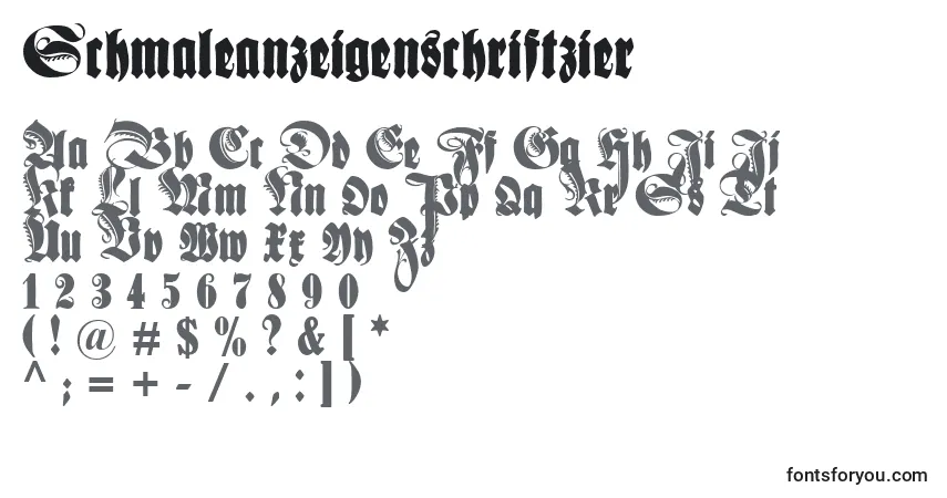 Czcionka Schmaleanzeigenschriftzier – alfabet, cyfry, specjalne znaki