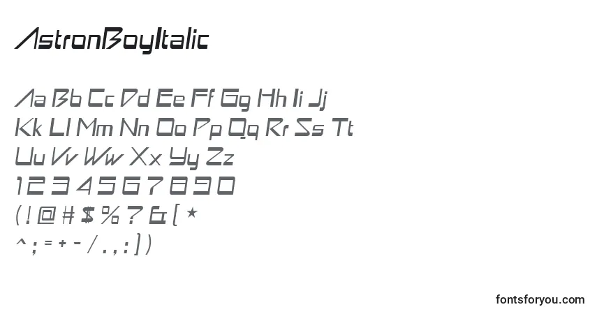 Schriftart AstronBoyItalic – Alphabet, Zahlen, spezielle Symbole