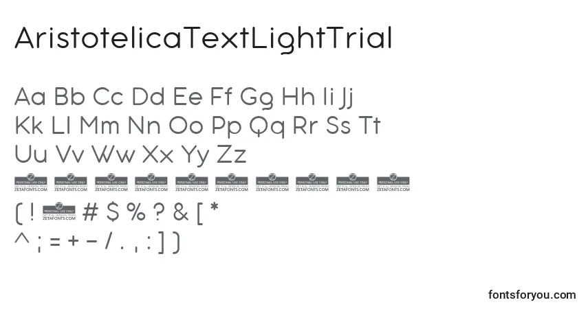 Czcionka AristotelicaTextLightTrial – alfabet, cyfry, specjalne znaki