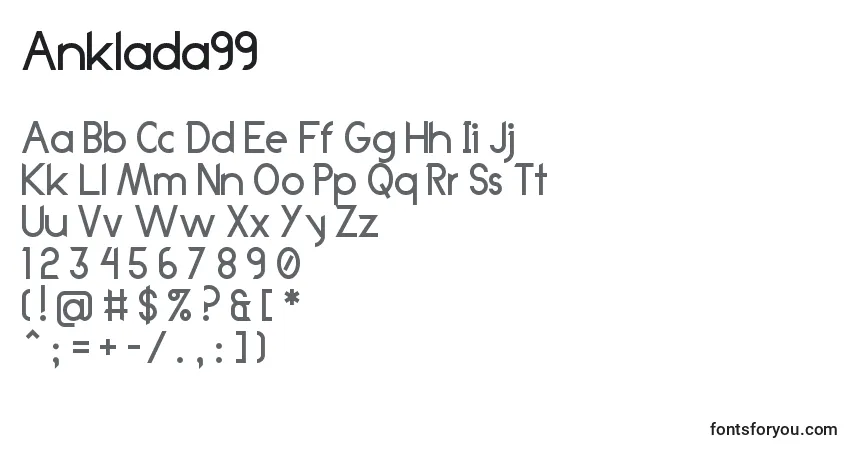 Czcionka Anklada99 – alfabet, cyfry, specjalne znaki