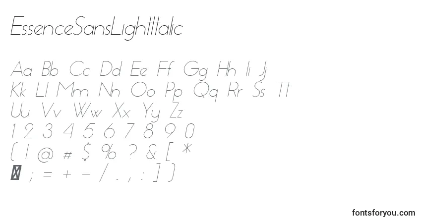 Czcionka EssenceSansLightItalic – alfabet, cyfry, specjalne znaki