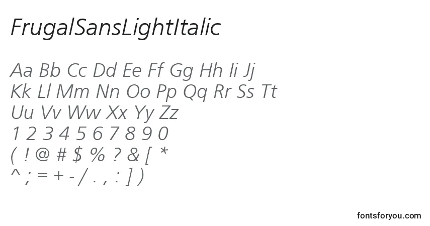 A fonte FrugalSansLightItalic – alfabeto, números, caracteres especiais