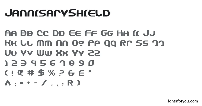 Schriftart JannisaryShield – Alphabet, Zahlen, spezielle Symbole