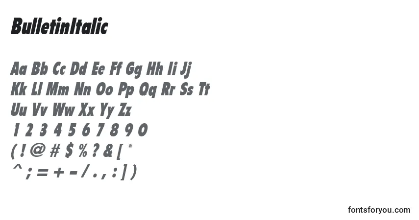 Czcionka BulletinItalic – alfabet, cyfry, specjalne znaki