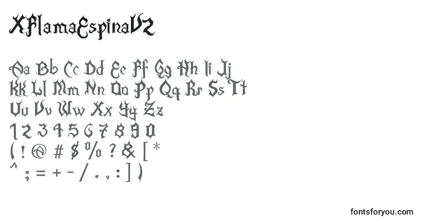 A fonte XFlamaEspinaV2 – alfabeto, números, caracteres especiais