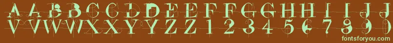 フォントDrunkenconstructor – 緑色の文字が茶色の背景にあります。