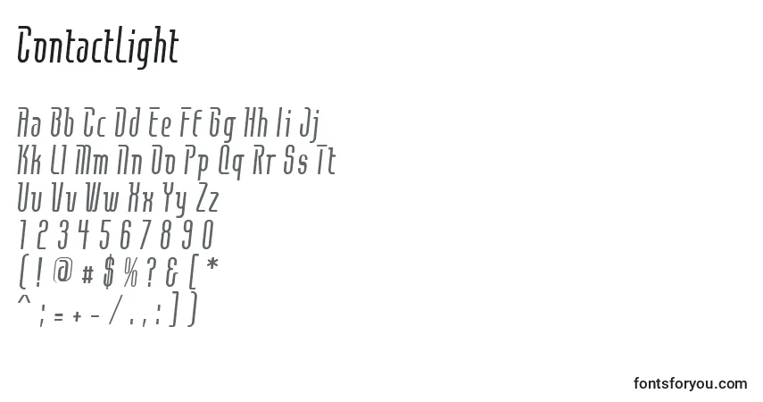 Czcionka ContactLight – alfabet, cyfry, specjalne znaki