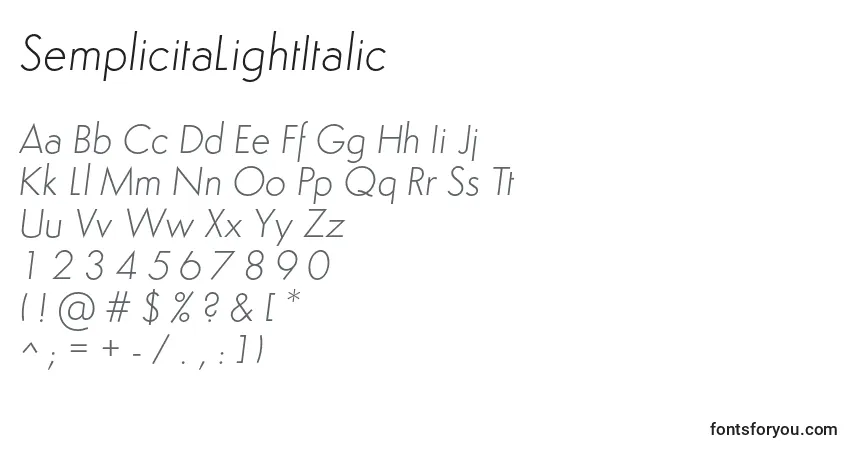 Schriftart SemplicitaLightItalic – Alphabet, Zahlen, spezielle Symbole