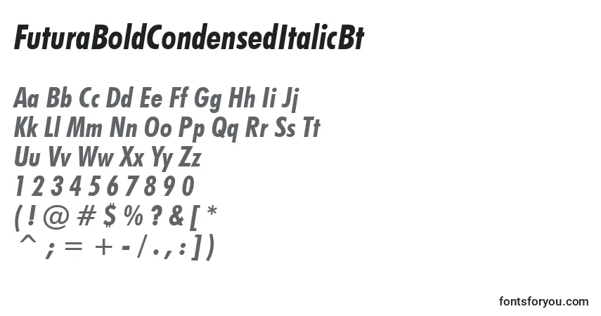 Шрифт FuturaBoldCondensedItalicBt – алфавит, цифры, специальные символы