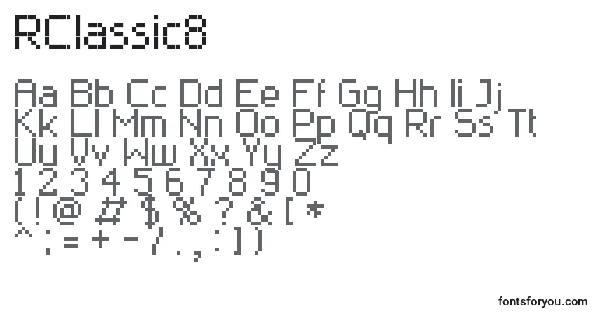 A fonte RClassic8 – alfabeto, números, caracteres especiais