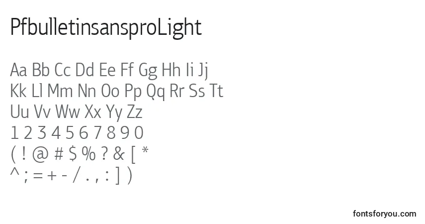 Czcionka PfbulletinsansproLight – alfabet, cyfry, specjalne znaki