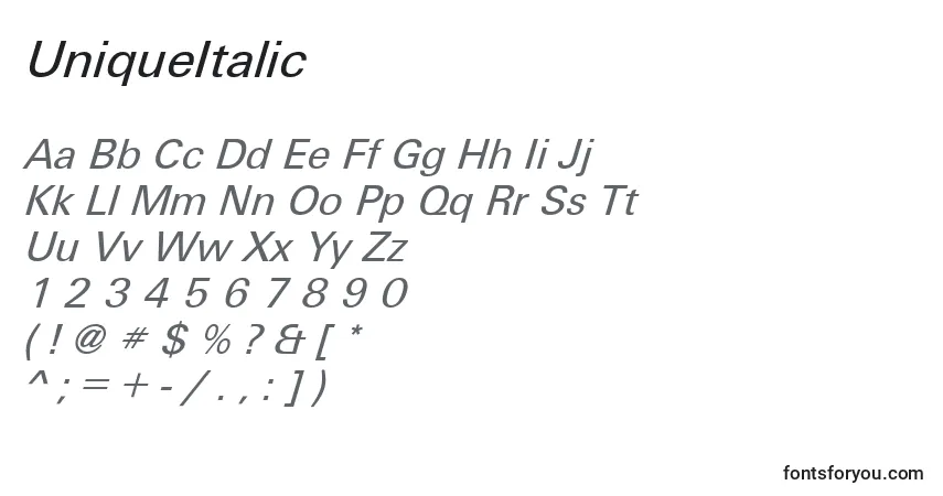 Schriftart UniqueItalic – Alphabet, Zahlen, spezielle Symbole