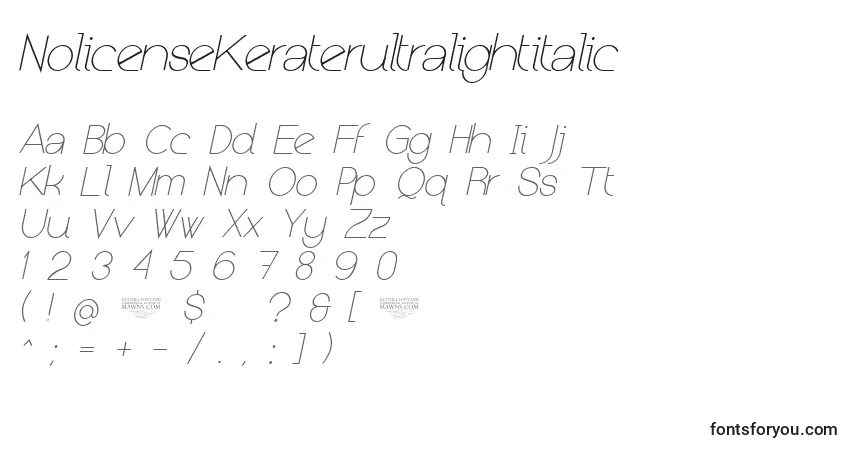 A fonte NolicenseKeraterultralightitalic – alfabeto, números, caracteres especiais