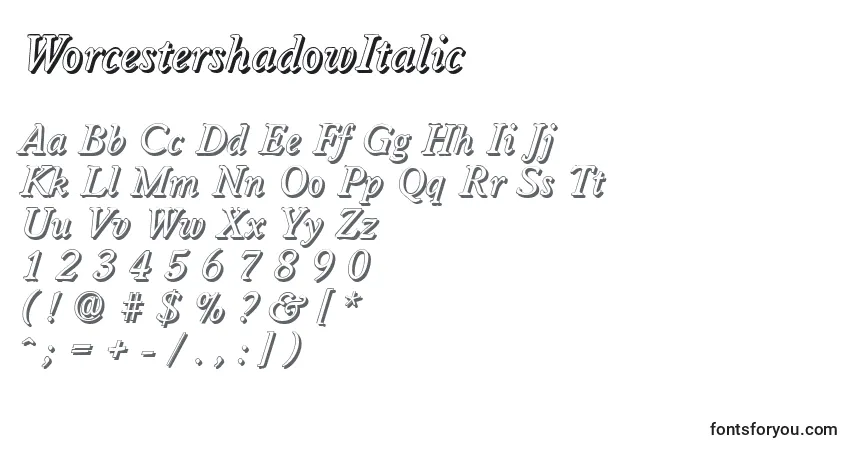 WorcestershadowItalicフォント–アルファベット、数字、特殊文字