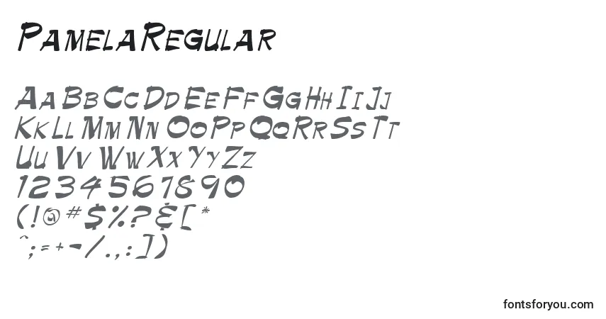 Czcionka PamelaRegular – alfabet, cyfry, specjalne znaki