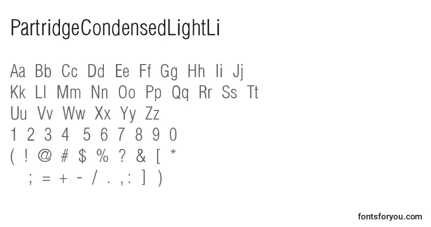 A fonte PartridgeCondensedLightLi – alfabeto, números, caracteres especiais