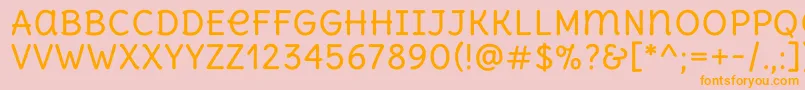 フォントDeliusunicaseRegular – オレンジの文字がピンクの背景にあります。