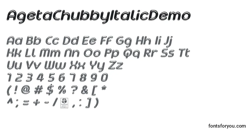 Шрифт AgetaChubbyItalicDemo – алфавит, цифры, специальные символы
