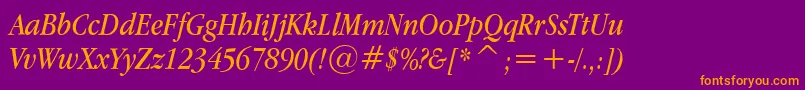 AppleGaramondItalic-Schriftart – Orangefarbene Schriften auf violettem Hintergrund