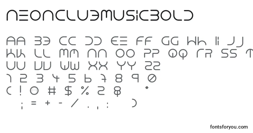 A fonte NeonClubMusicBold – alfabeto, números, caracteres especiais