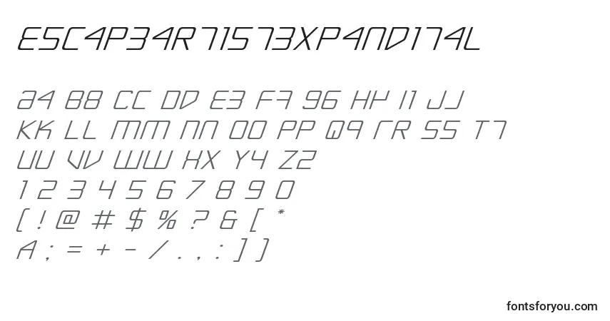 Czcionka Escapeartistexpandital – alfabet, cyfry, specjalne znaki