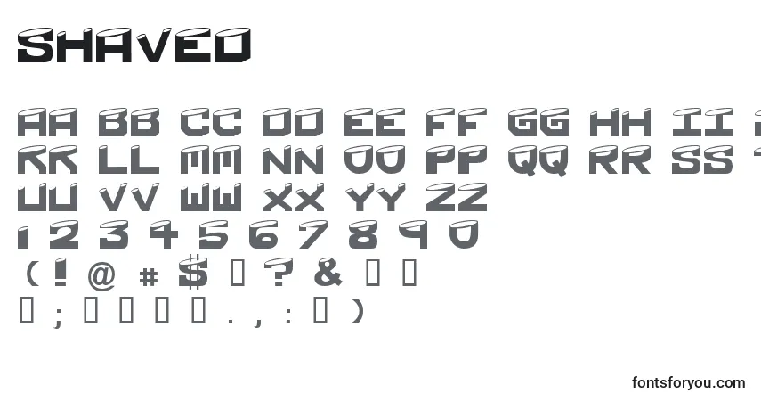 Schriftart Shaved – Alphabet, Zahlen, spezielle Symbole