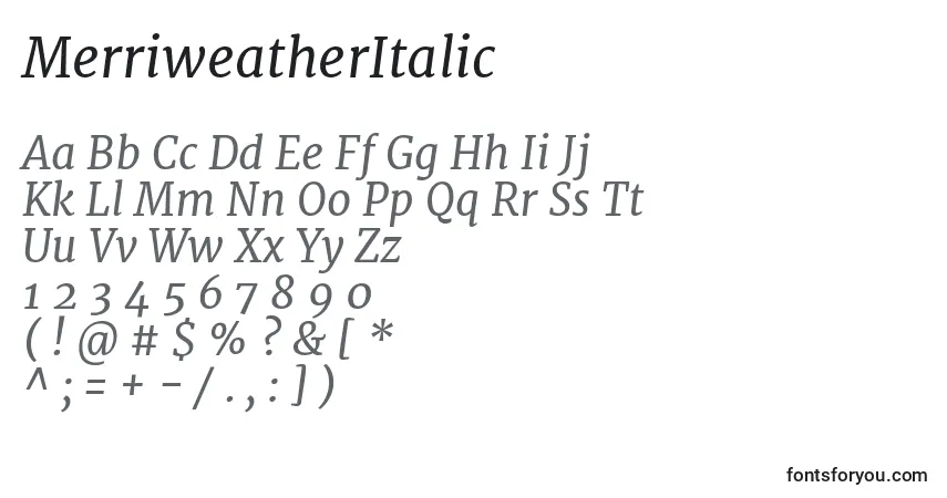 Czcionka MerriweatherItalic – alfabet, cyfry, specjalne znaki