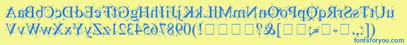 フォントKingthingsBackwards – 青い文字が黄色の背景にあります。