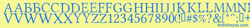 Saiba mais sobre a fonte PortmanteauRegular Fonte PortmanteauRegular – fontes azuis em um fundo amarelo