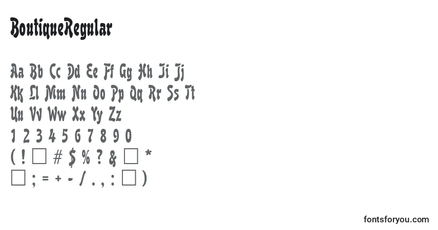 Czcionka BoutiqueRegular – alfabet, cyfry, specjalne znaki