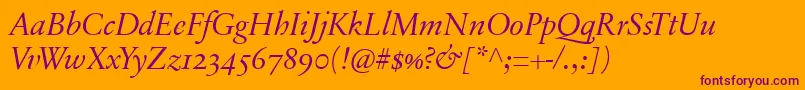 SabonnextLtDisplayItalicOldStyleFigures-Schriftart – Violette Schriften auf orangefarbenem Hintergrund