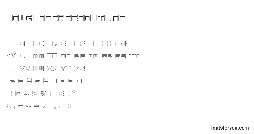 Czcionka LowGunScreenOutline – alfabet, cyfry, specjalne znaki