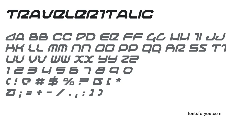 A fonte TravelerItalic – alfabeto, números, caracteres especiais