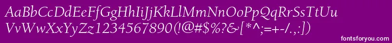 BerkeleystdBookitalic-fontti – valkoiset fontit violetilla taustalla