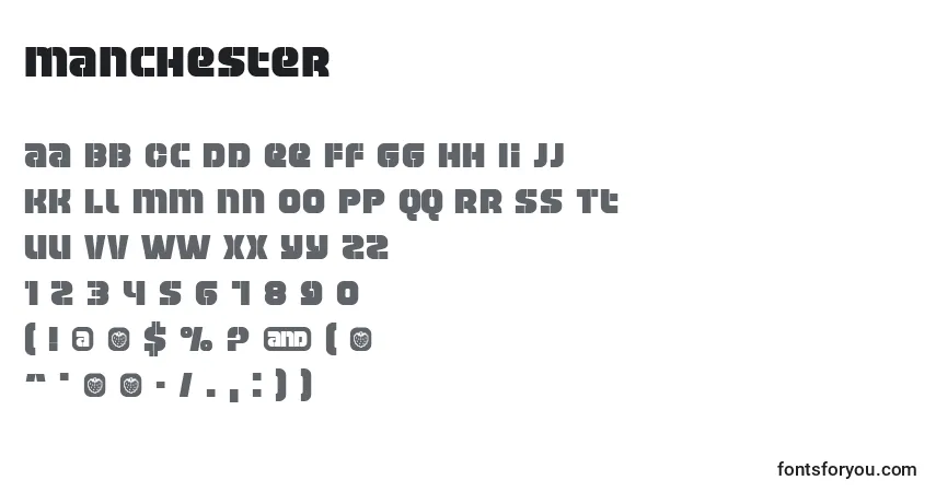 Czcionka Manchester – alfabet, cyfry, specjalne znaki