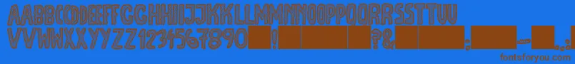 フォントJmhEscamasWhite – 茶色の文字が青い背景にあります。