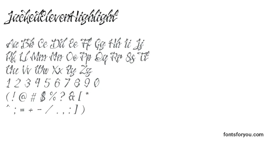 Czcionka JackedElevenHighlight – alfabet, cyfry, specjalne znaki