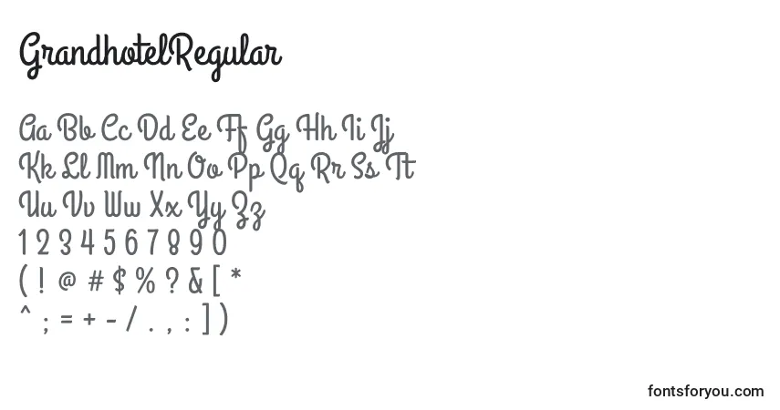 Czcionka GrandhotelRegular – alfabet, cyfry, specjalne znaki