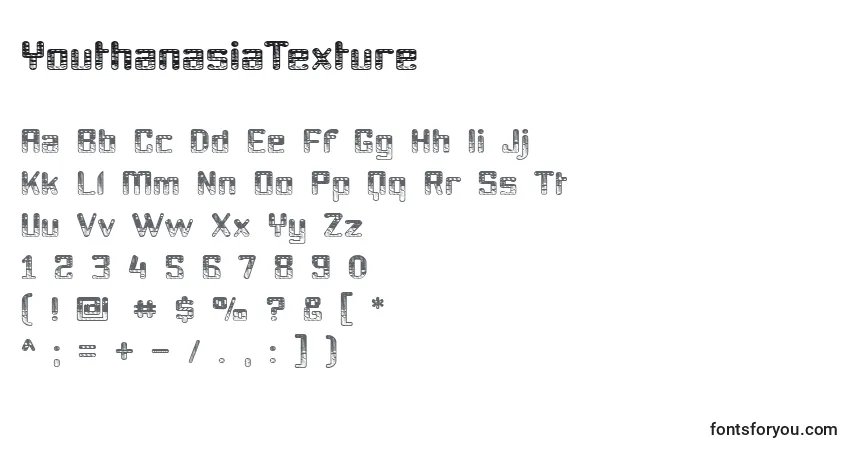 Schriftart YouthanasiaTexture – Alphabet, Zahlen, spezielle Symbole