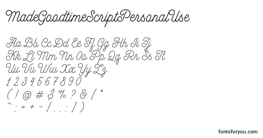 A fonte MadeGoodtimeScriptPersonalUse – alfabeto, números, caracteres especiais